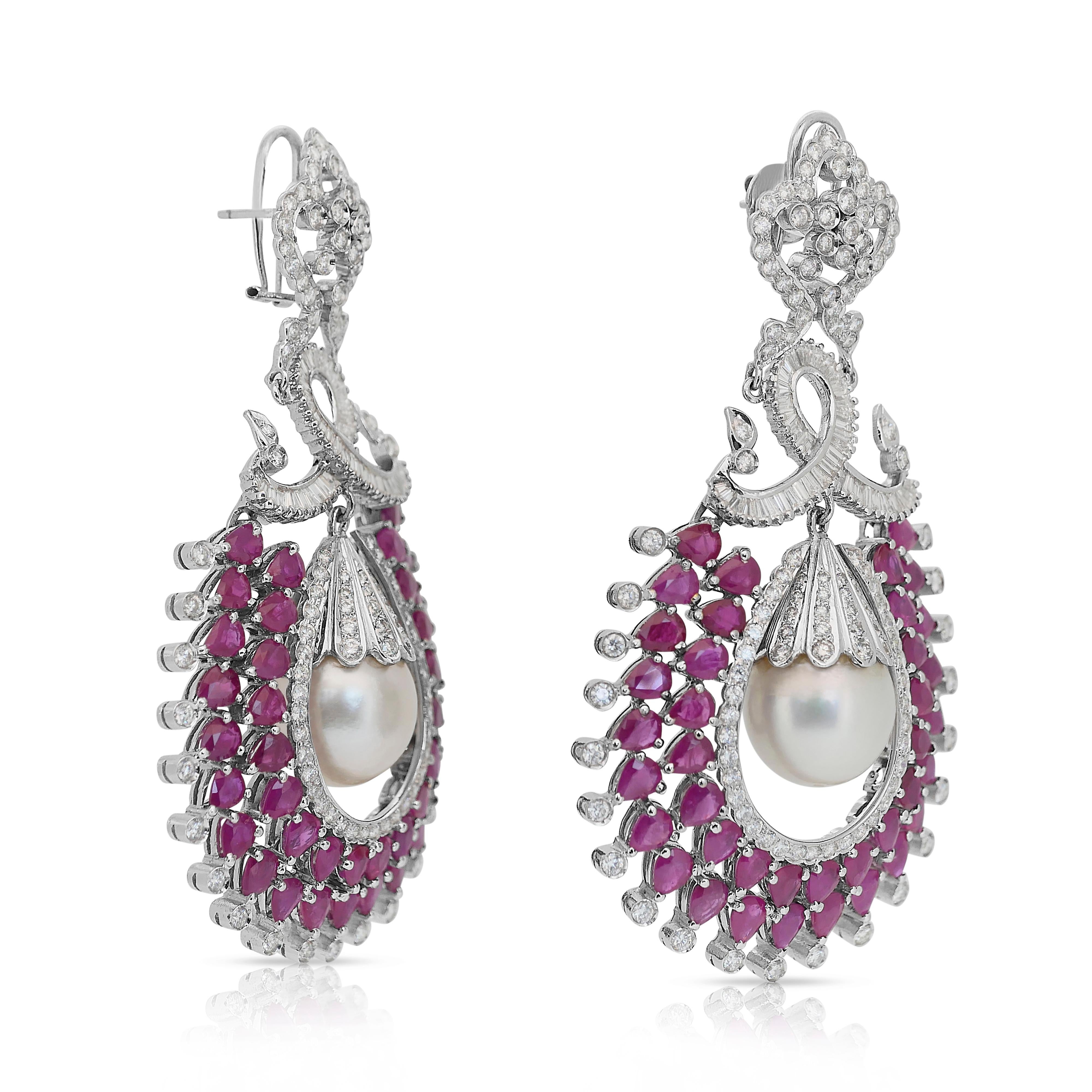 Pear Cut Fascinating 47.82ct Rubies, Salt Water Pearls, and Diamonds Drop Earrings For Sale