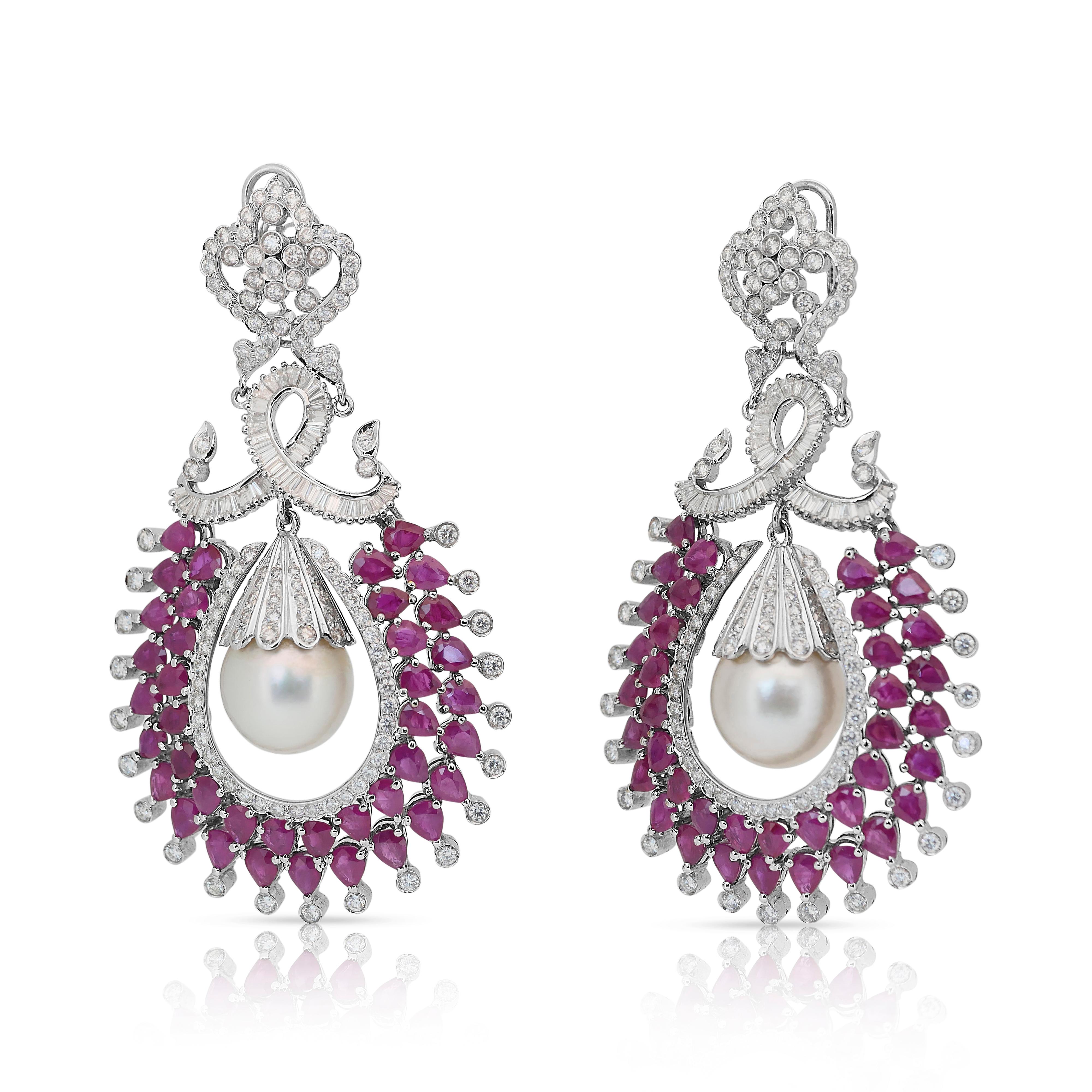 Fascinating 47.82ct Rubies, Salt Water Pearls, and Diamonds Drop Earrings In New Condition For Sale In רמת גן, IL