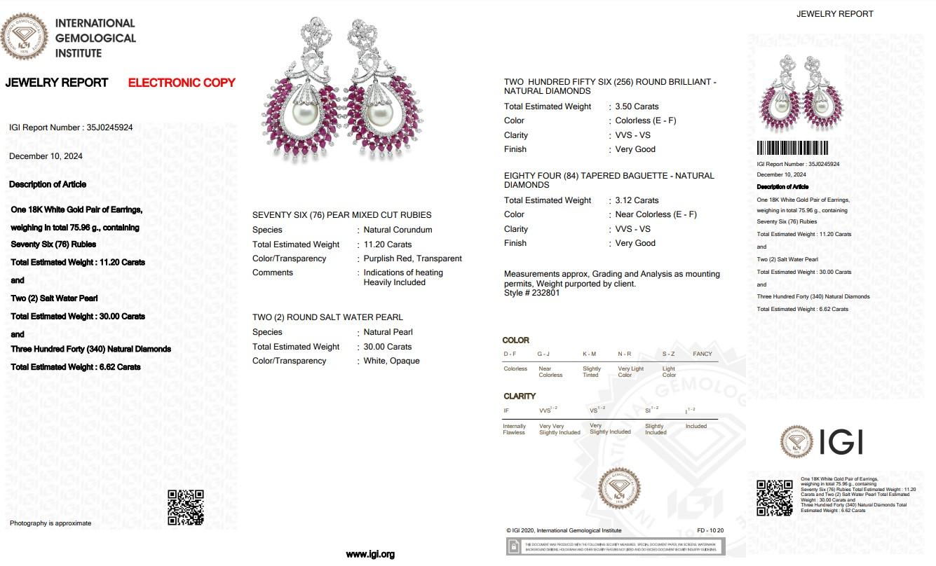 Women's Fascinating 47.82ct Rubies, Salt Water Pearls, and Diamonds Drop Earrings For Sale