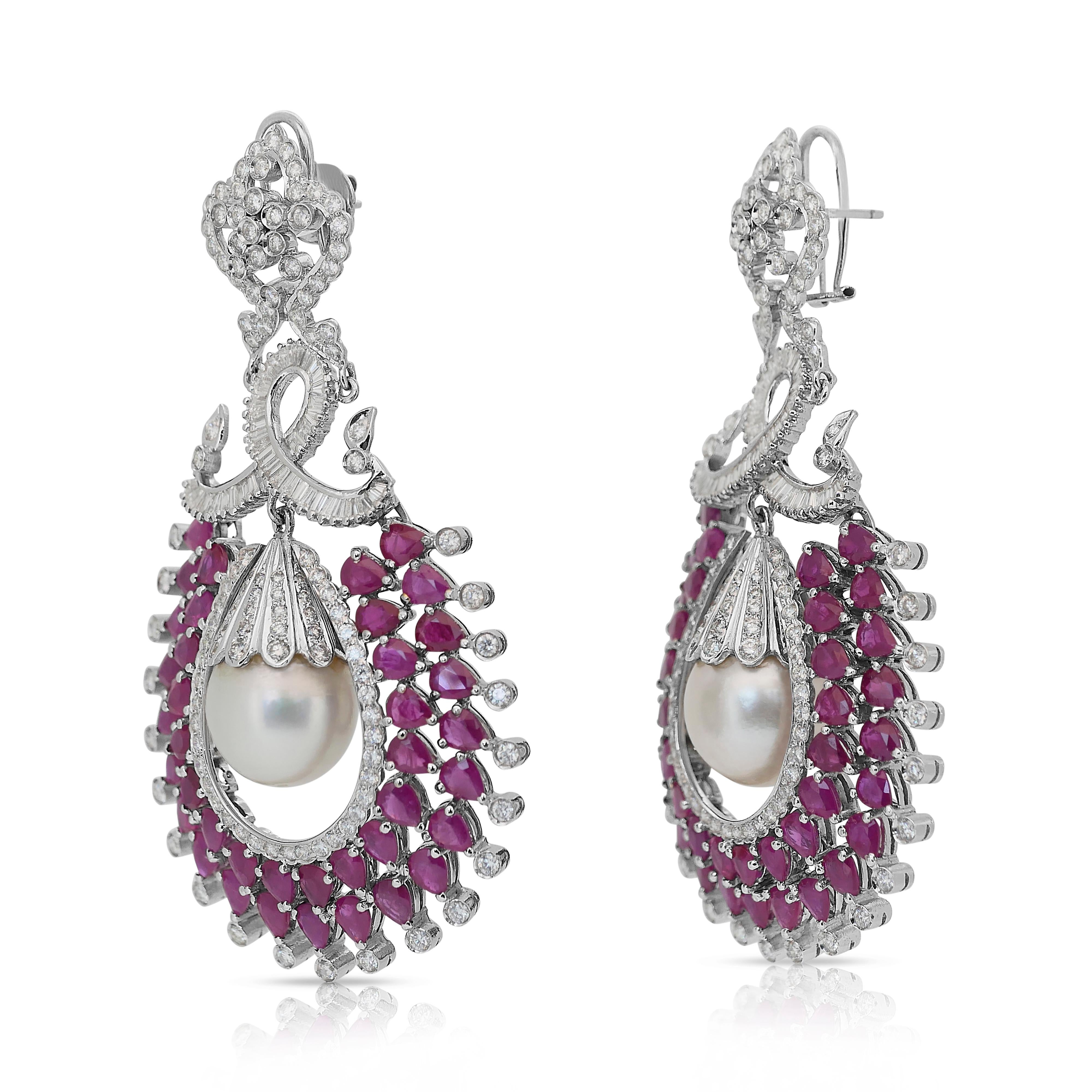 Fascinating 47.82ct Rubies, Salt Water Pearls, and Diamonds Drop Earrings For Sale 1
