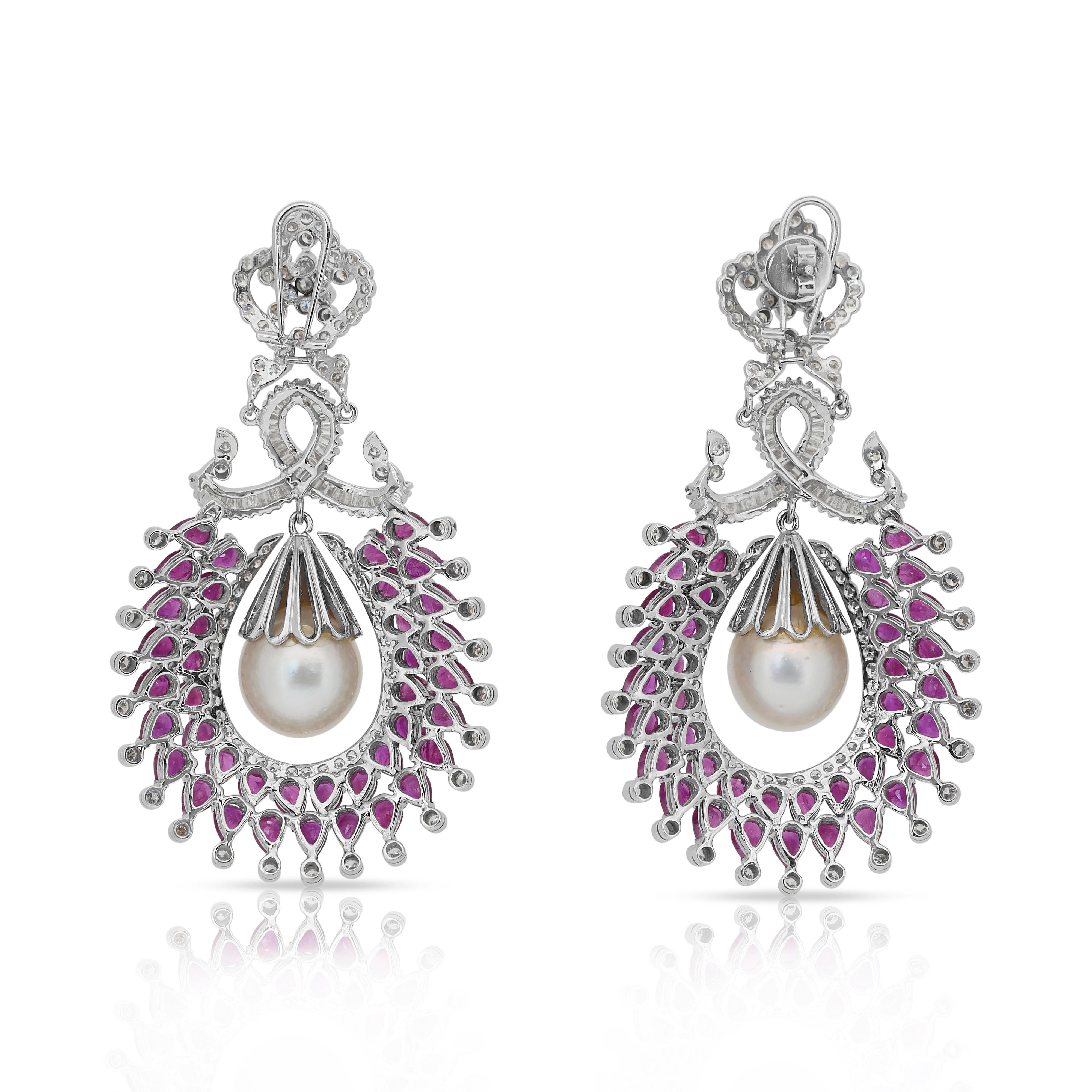 Fascinating 47.82ct Rubies, Salt Water Pearls, and Diamonds Drop Earrings For Sale 2