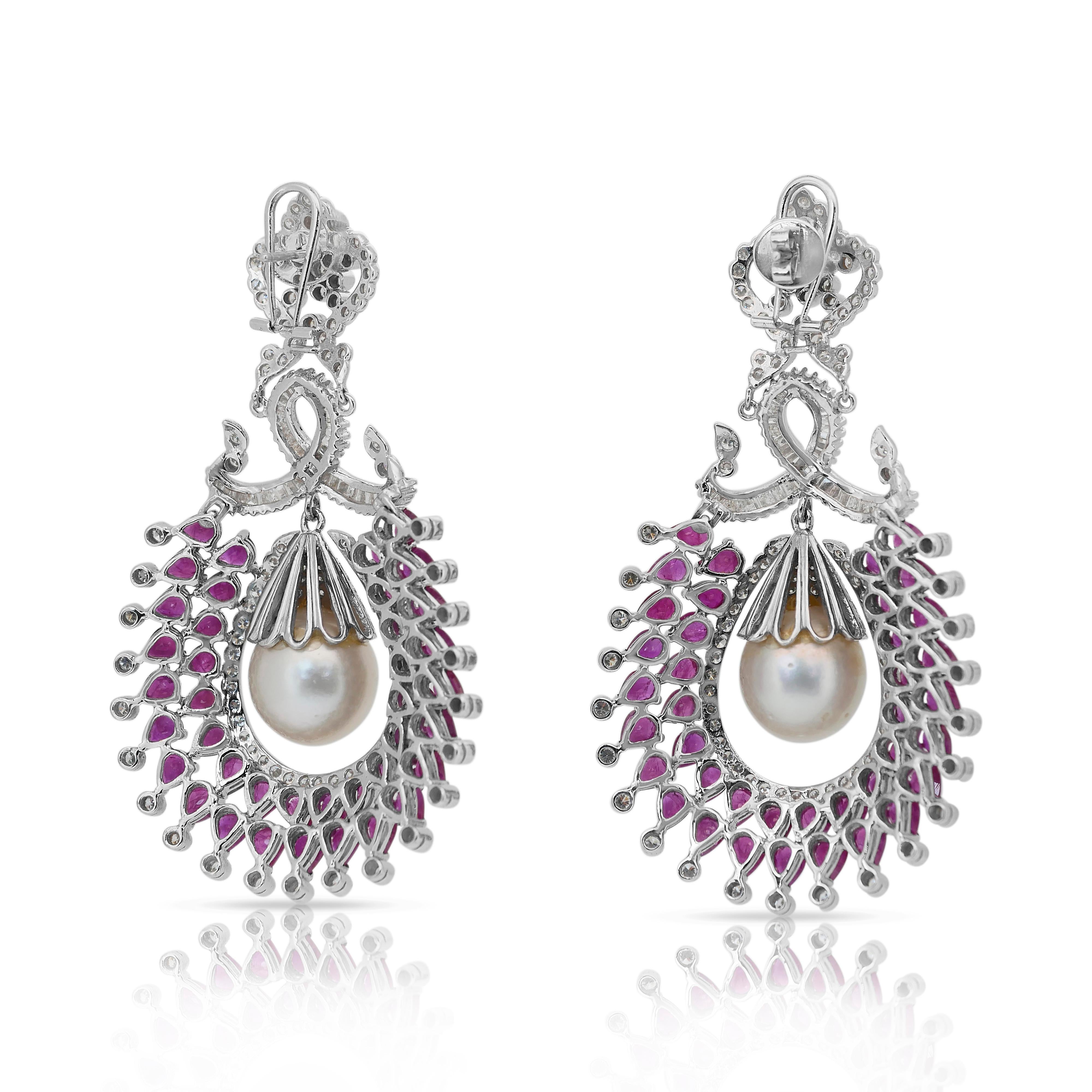Fascinating 47.82ct Rubies, Salt Water Pearls, and Diamonds Drop Earrings For Sale 3
