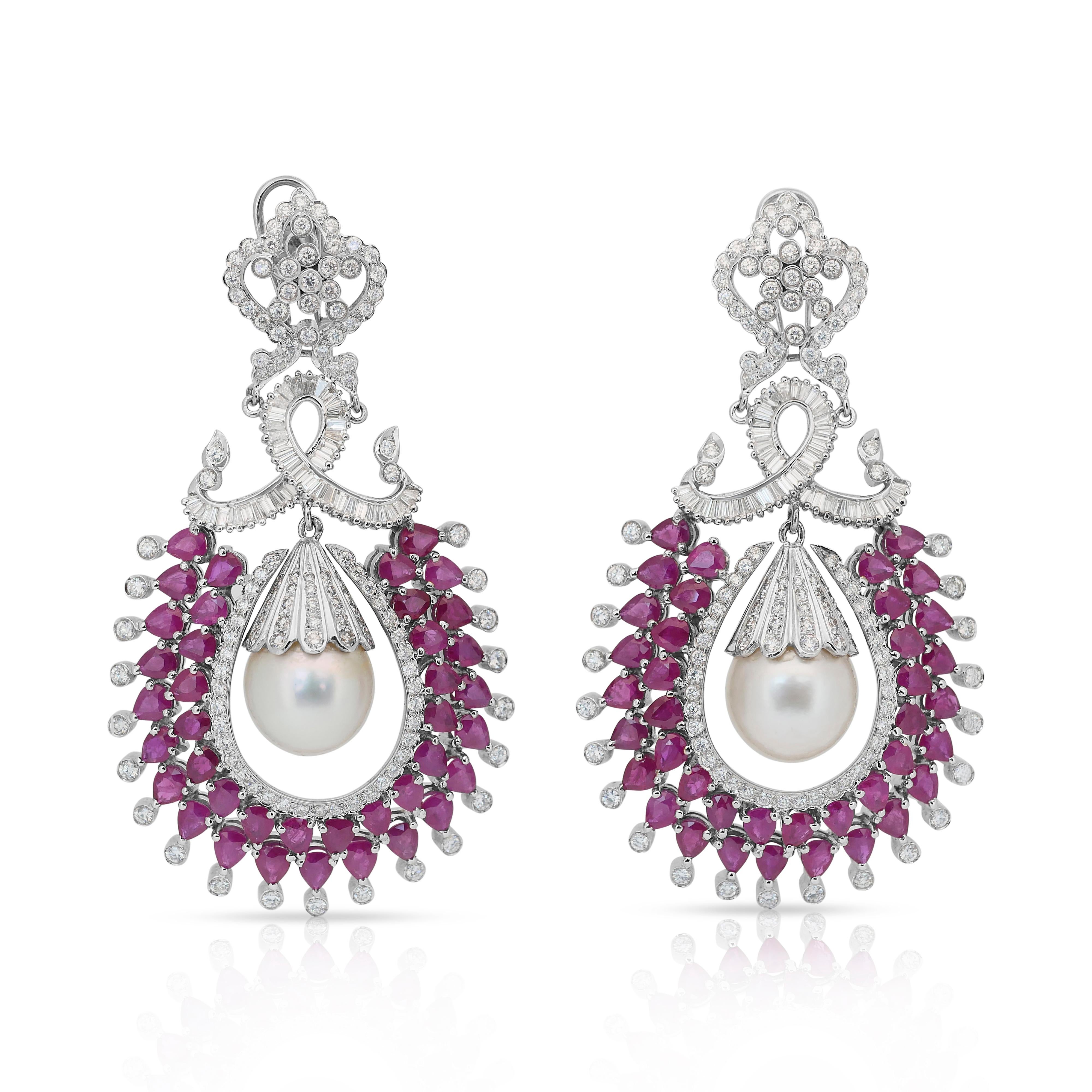 Fascinating 47.82ct Rubies, Salt Water Pearls, and Diamonds Drop Earrings For Sale 4