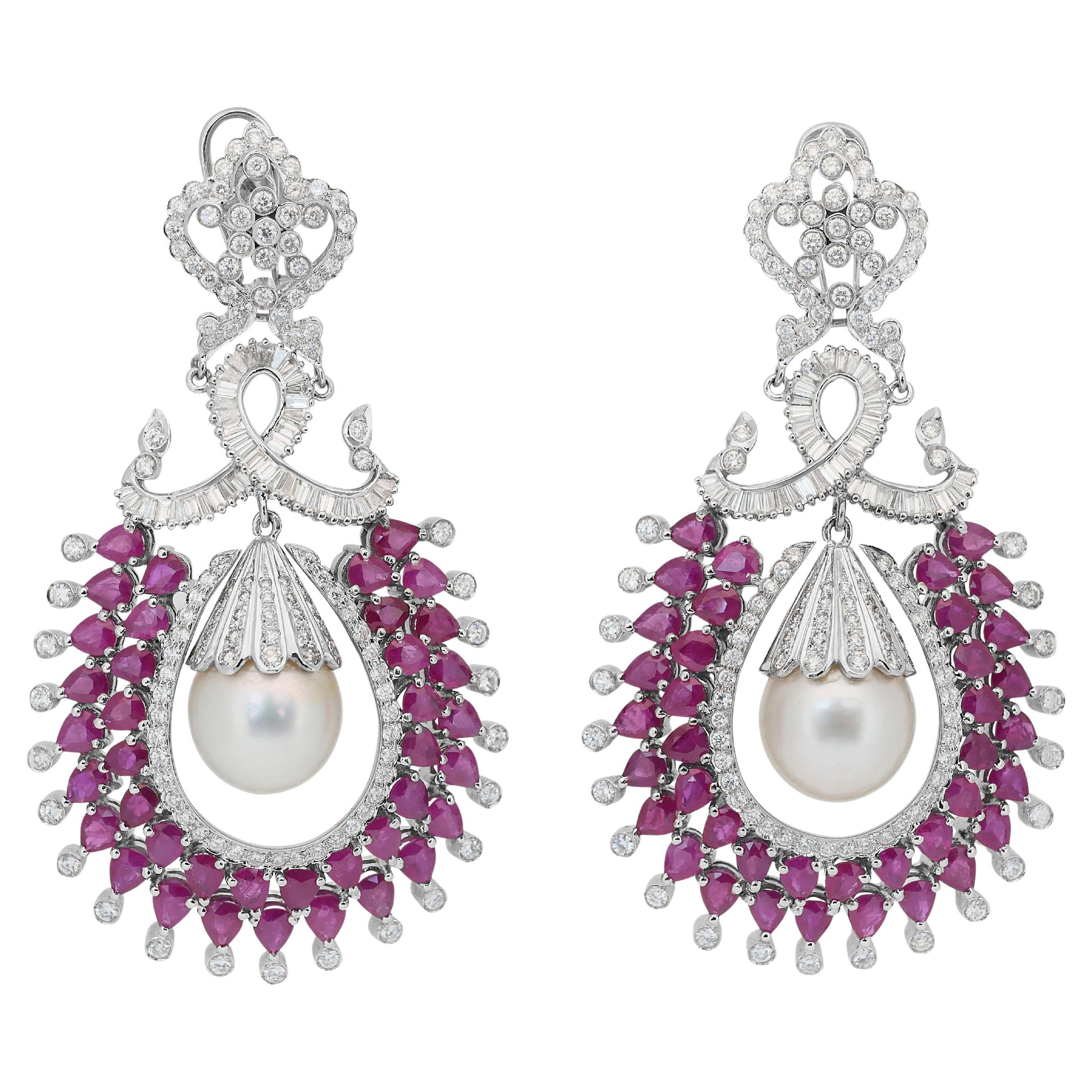 Fascinating 47.82ct Rubies, Salt Water Pearls, and Diamonds Drop Earrings