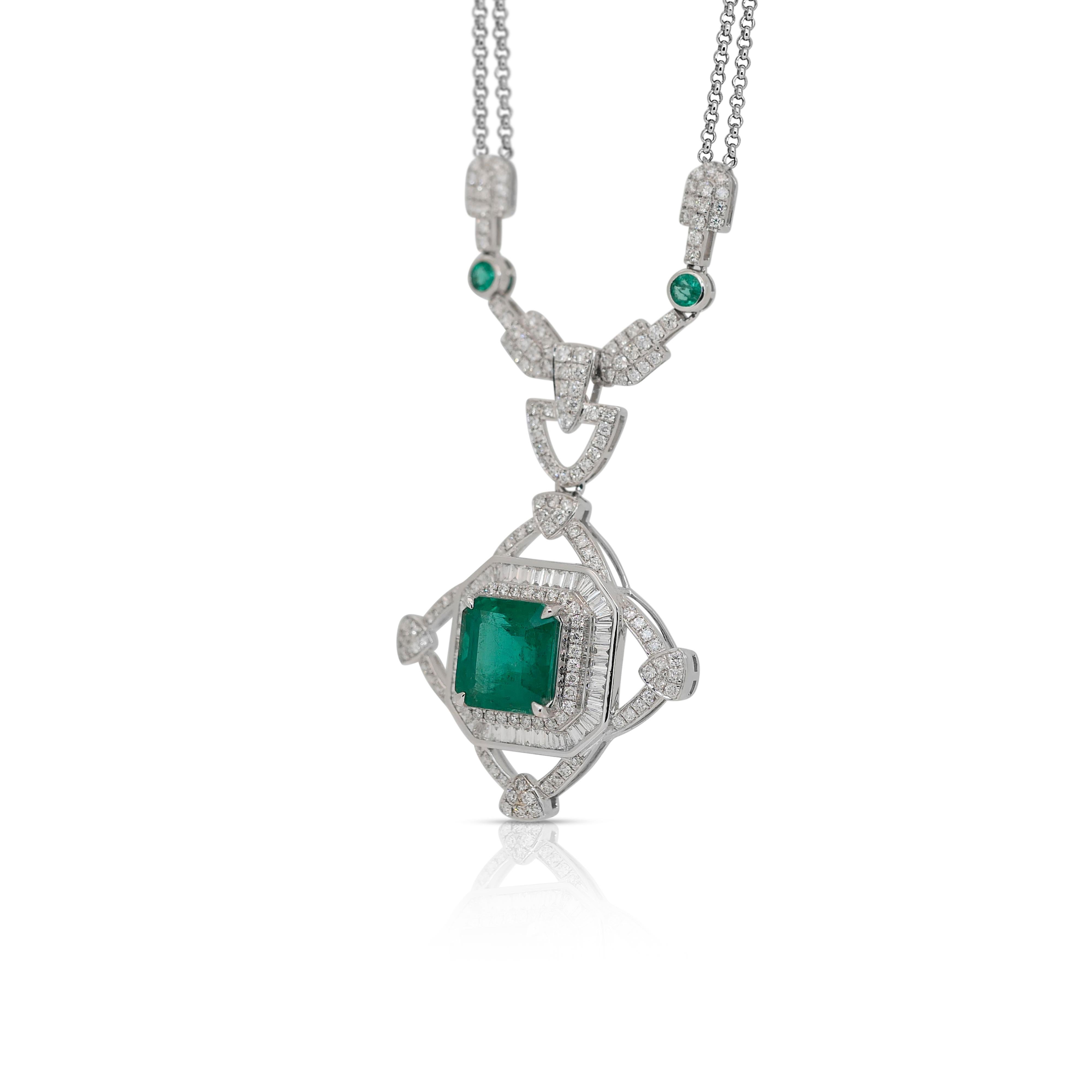 Round Cut Fascinating 8.02ct Emeralds and Diamonds Necklace with Pendant in 14k White Gold