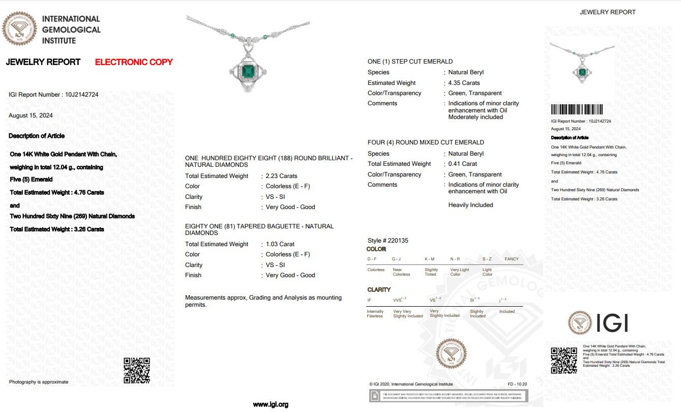 Women's Fascinating 8.02ct Emeralds and Diamonds Necklace with Pendant in 14k White Gold