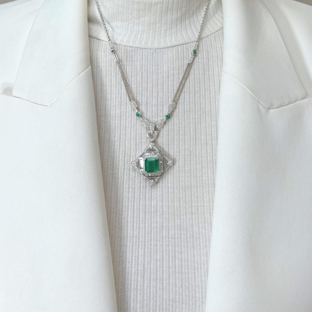 Fascinating 8.02ct Emeralds and Diamonds Necklace with Pendant in 14k White Gold 4