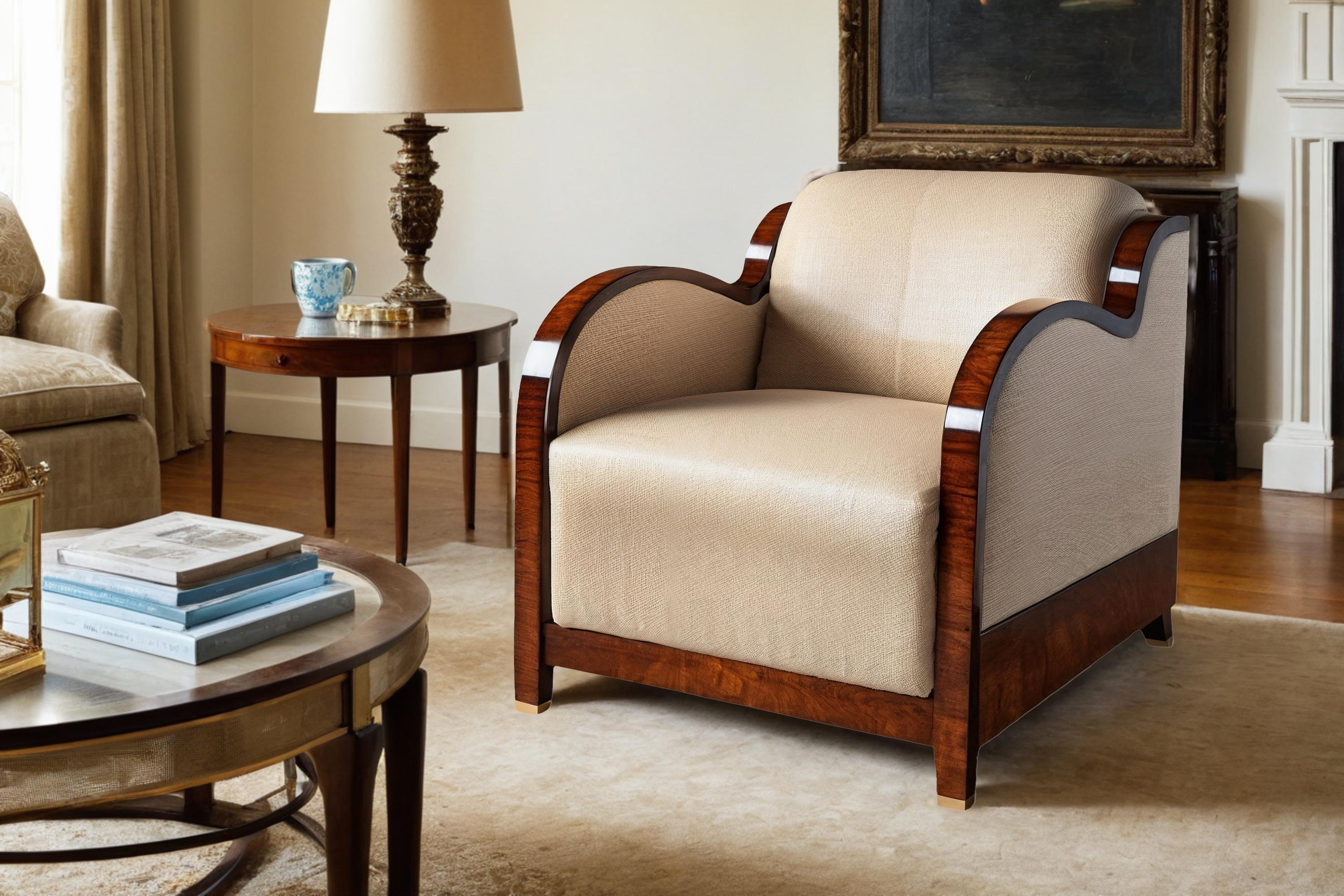 Tauchen Sie ein in den Glanz vergangener Epochen mit unserem faszinierenden Art Deco Sessel! Handgefertigt aus luxuriösem weißem Leder und mit Mahagonifurnier in Hochglanzoptik veredelt, strahlt dieser Sessel Eleganz und Raffinesse aus. Sein