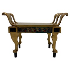 Vintage Fascinating Egyptian Style Carved Wood Bench with Cobra Handles