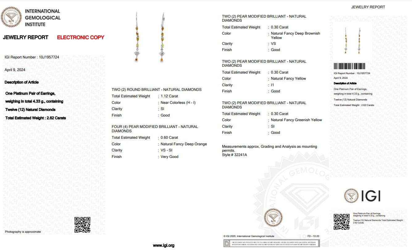 Women's Fascinating Fancy Colored Diamond Drop Earrings w/2.62 ct - IGI Certified  For Sale