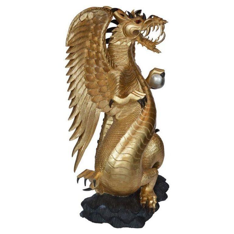 American Fascinating Oversized Hand-Carved Giltwood Dragon Sculpture For Sale