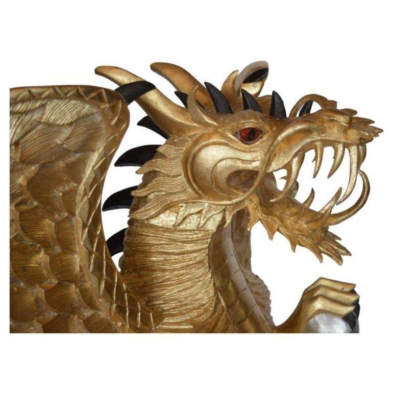 Fascinating Oversized Hand-Carved Giltwood Dragon Sculpture For Sale 1