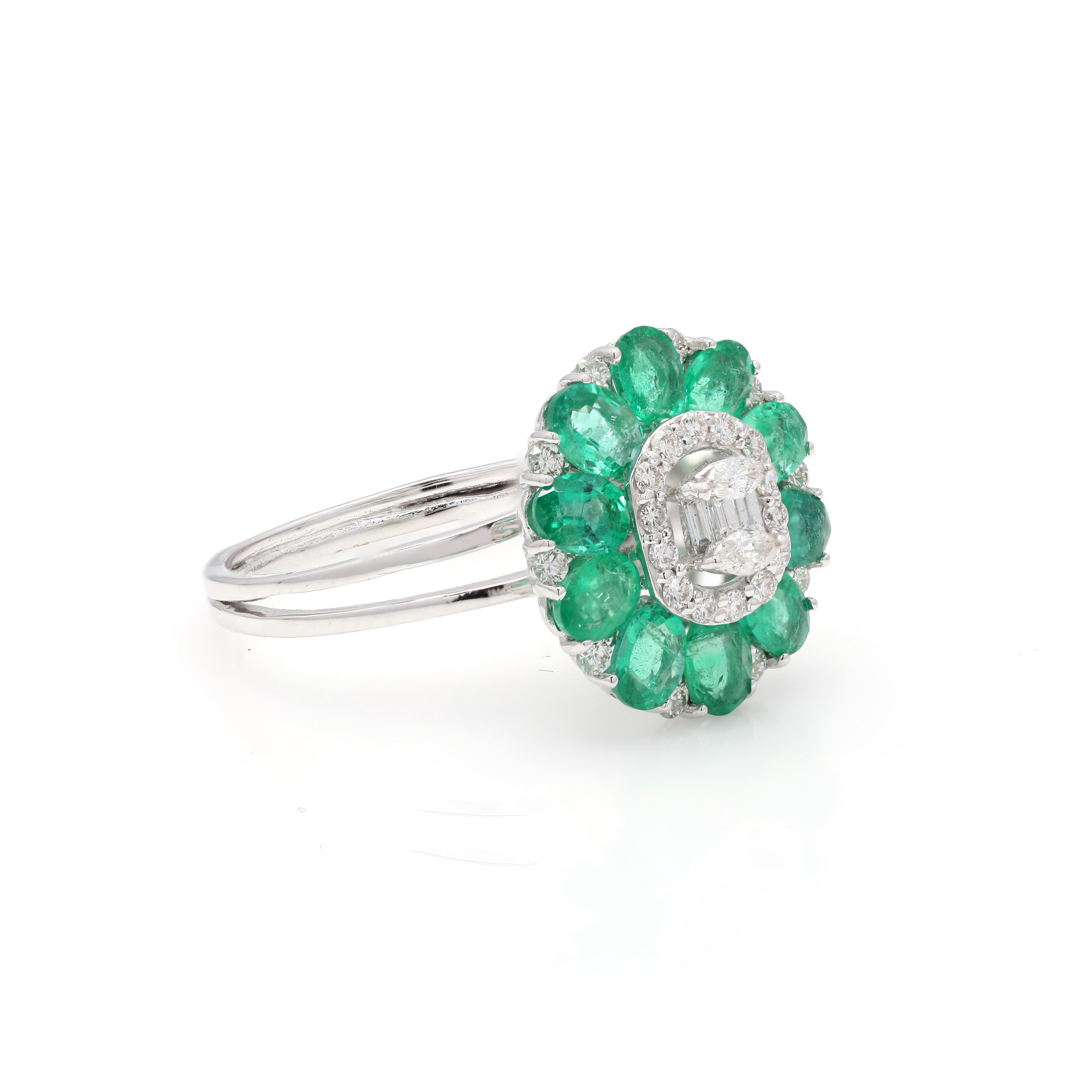 For Sale:  Fascinating Solid 18k White Gold Diamond and Emerald Statement Flower Ring 4