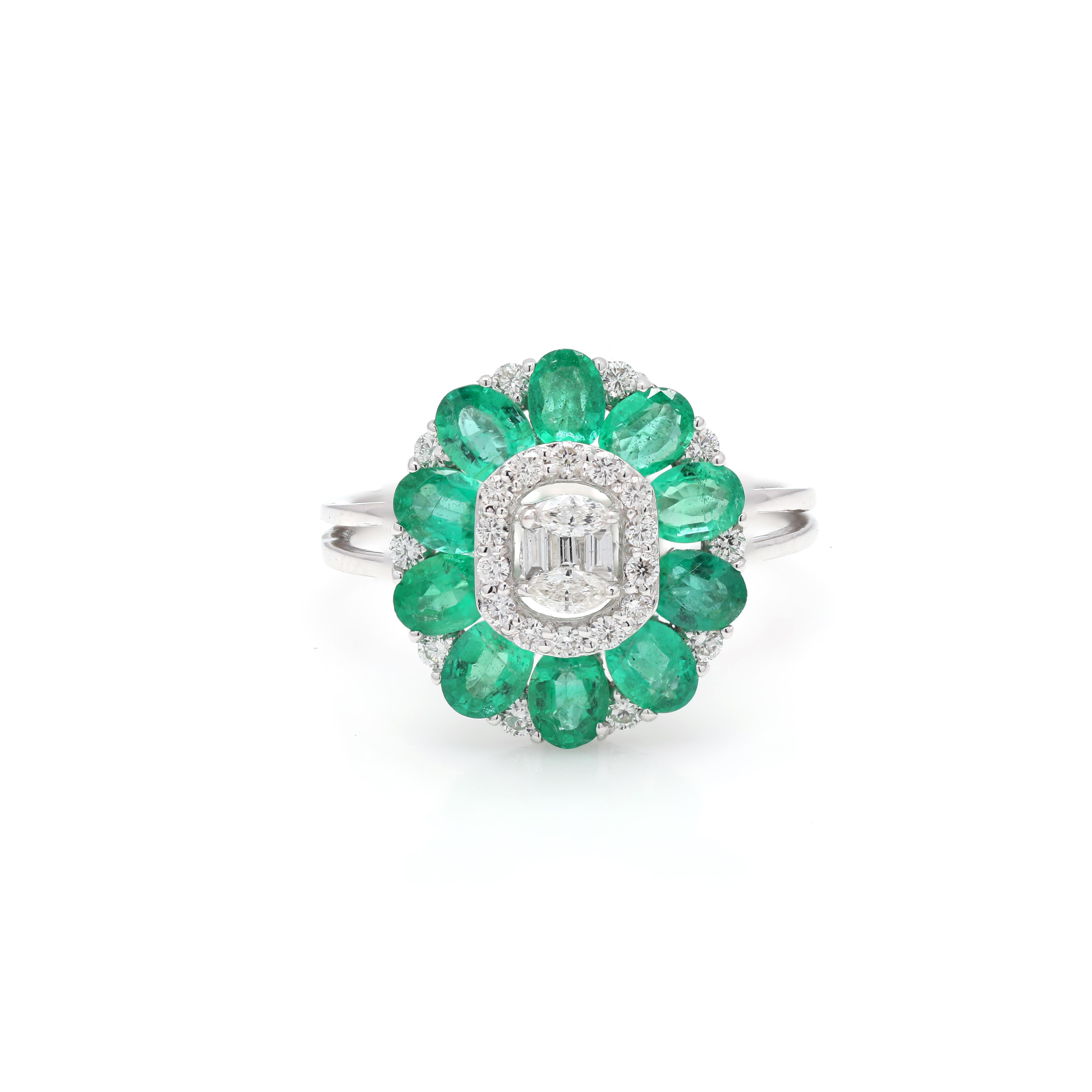 For Sale:  Fascinating Solid 18k White Gold Diamond and Emerald Statement Flower Ring 5