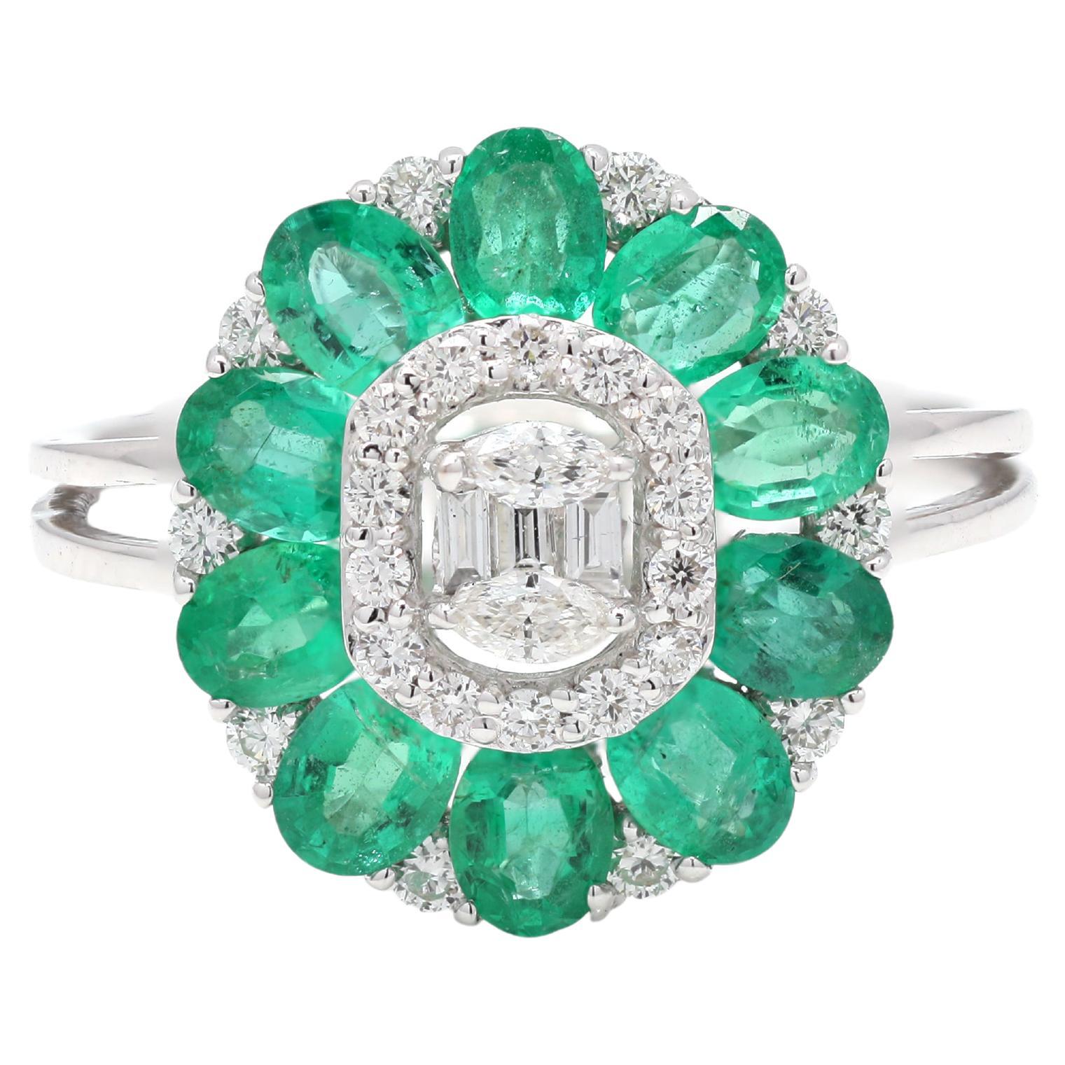 For Sale:  Fascinating Solid 18k White Gold Diamond and Emerald Statement Flower Ring