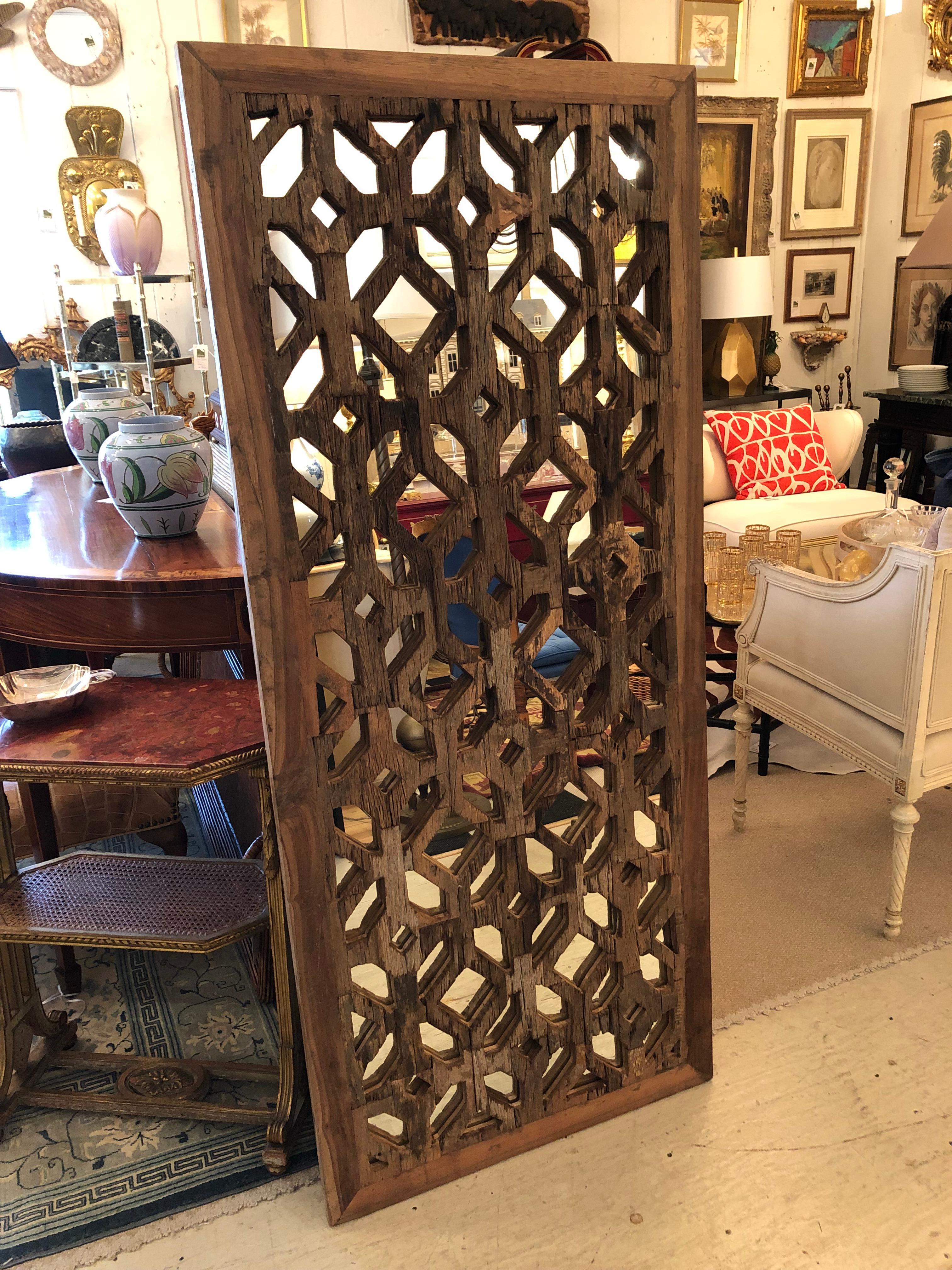 Fascinating Textural Rustic Carved Wood & Mirrored Panel In Distressed Condition For Sale In Hopewell, NJ