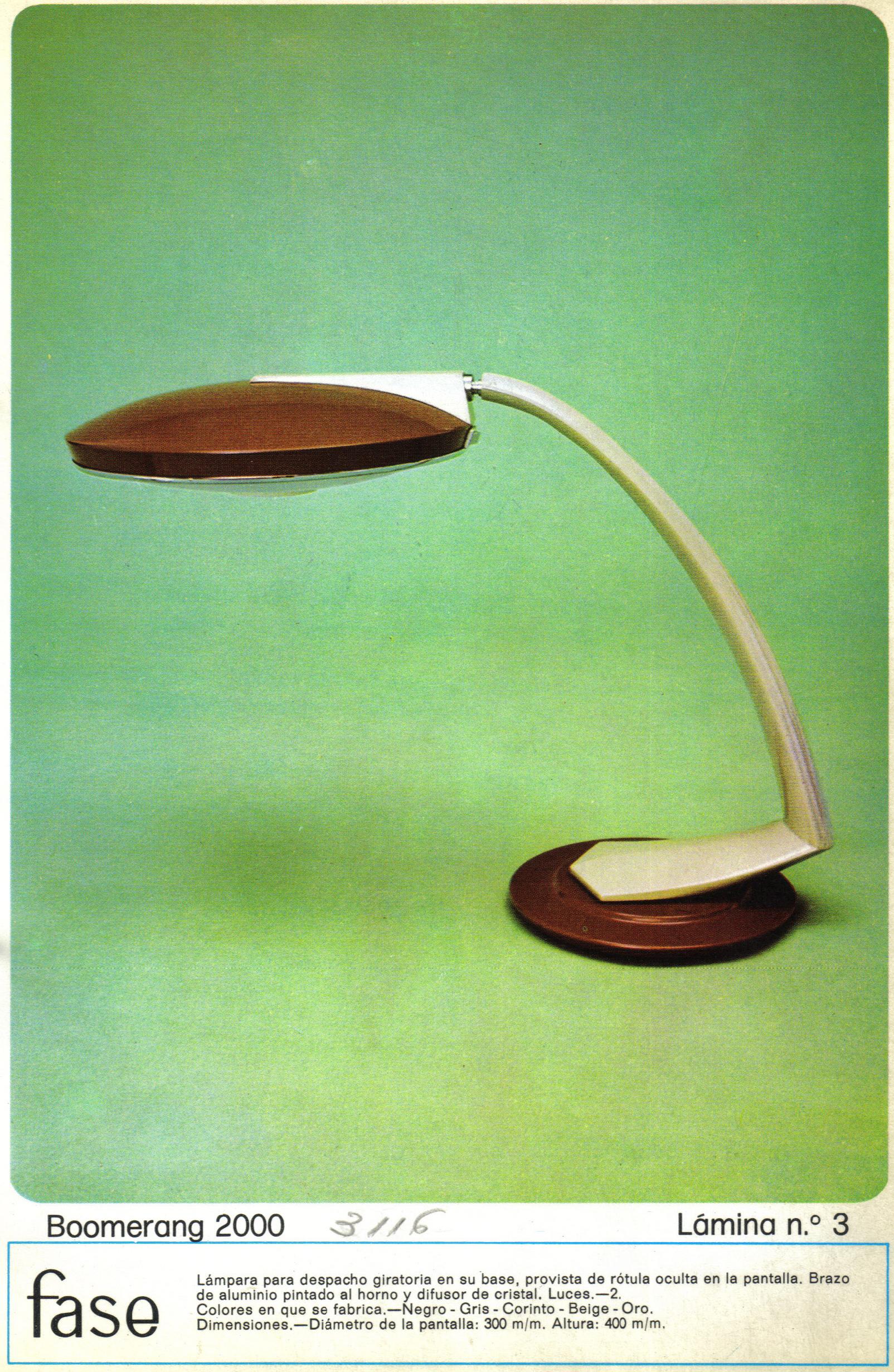 FASE Boomerang 2000 Table Lamp by Luis Perez de la Oliva

The FASE Boomerand 2000 table lamp, designed by Luis Perez de la Oliva in 1963, is a standout piece from the renowned Spanish lighting manufacturer FASE. Known for its distinctive design and