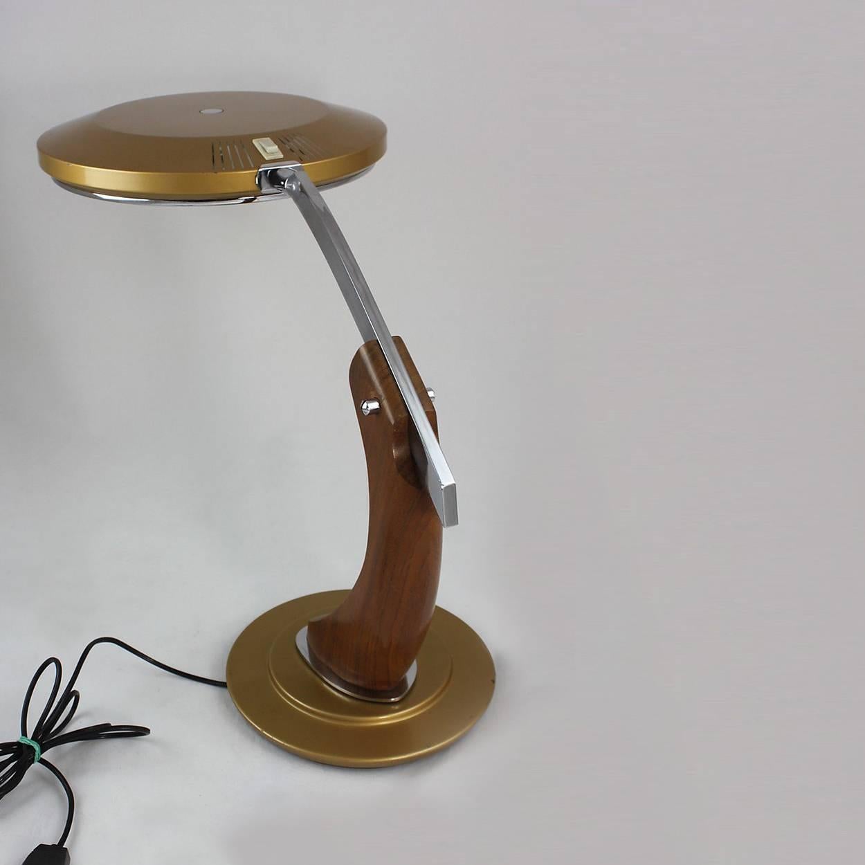 Mid-Century Modern Fase Madrid Midcentury Oak and Gold Desk Lamp, 1960s For Sale