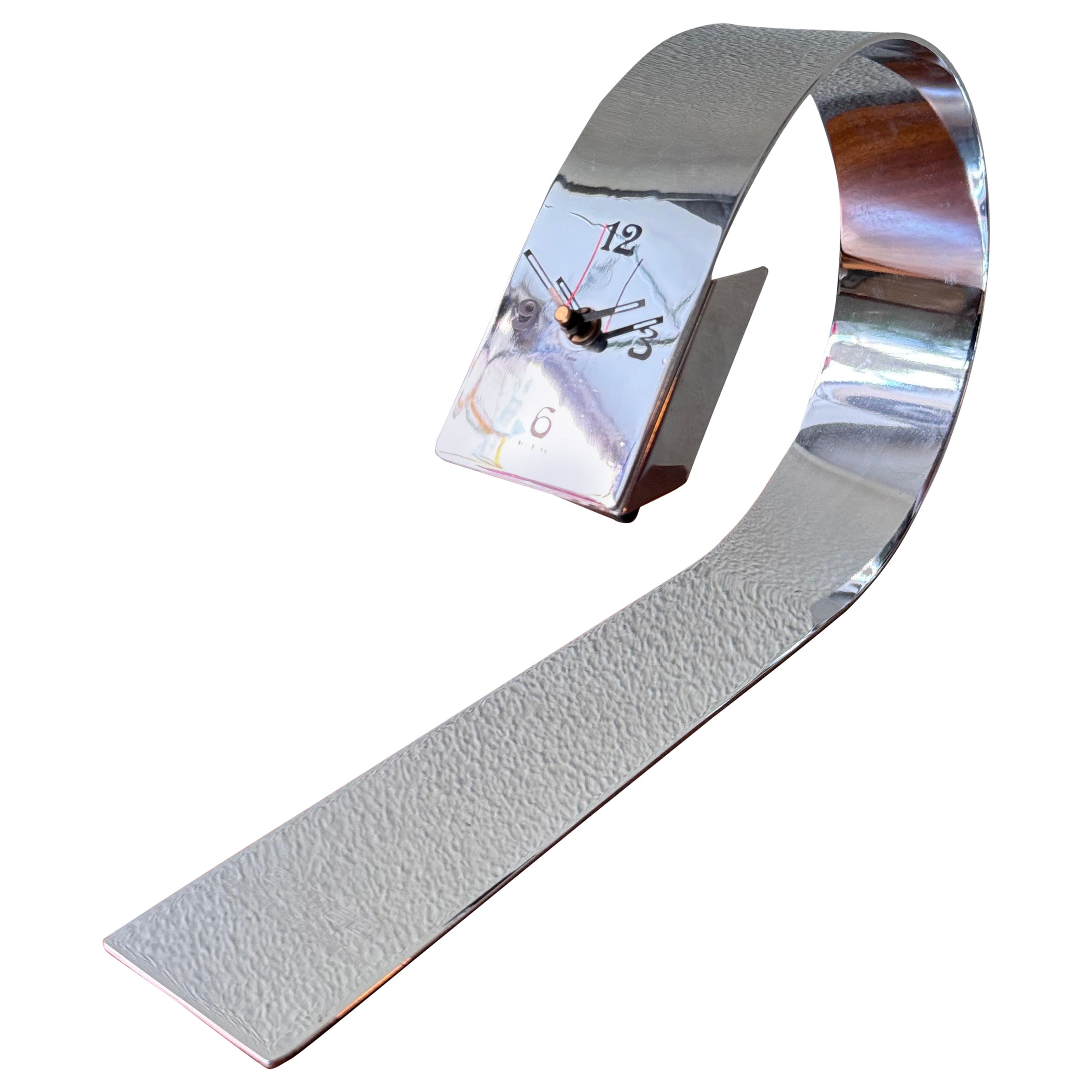 FASE Sculptural Chrome Desk Clock Silver Metal Spanish Industrial Modernist