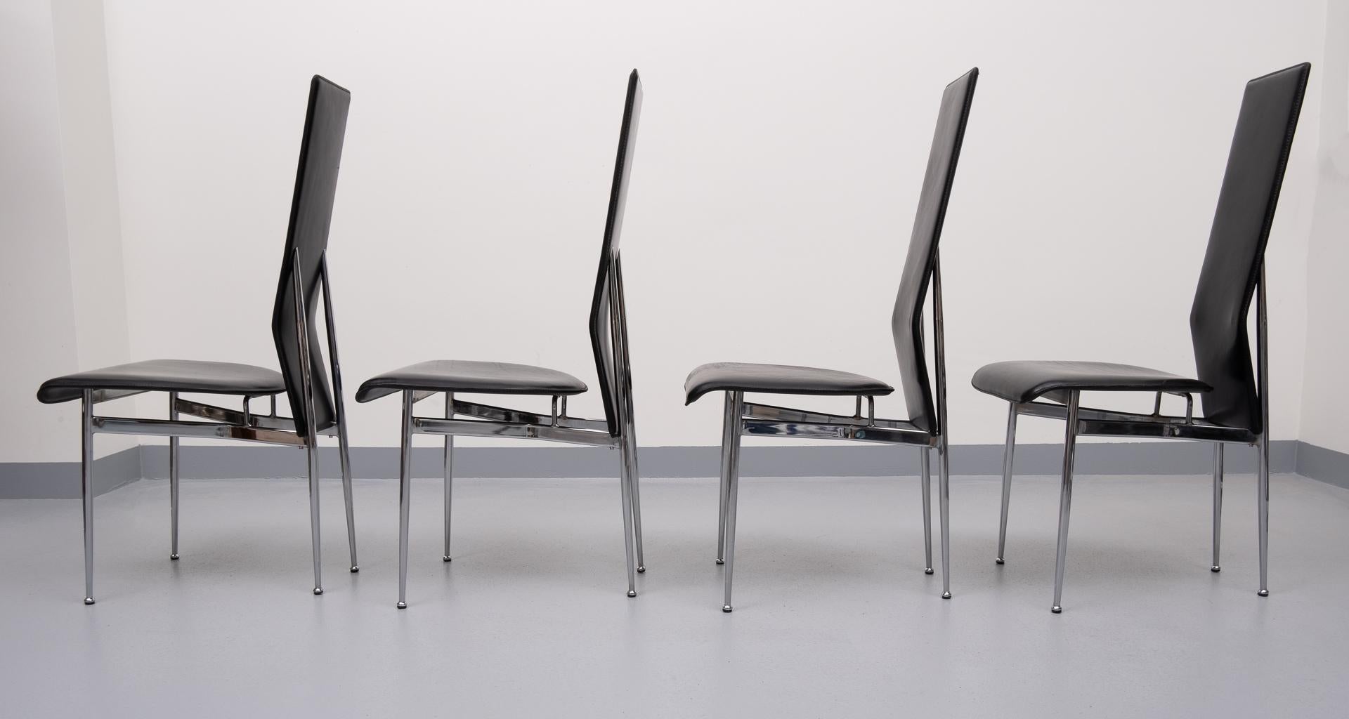 Chrome Fasem Black Stich Leather Dining Chairs, Italy