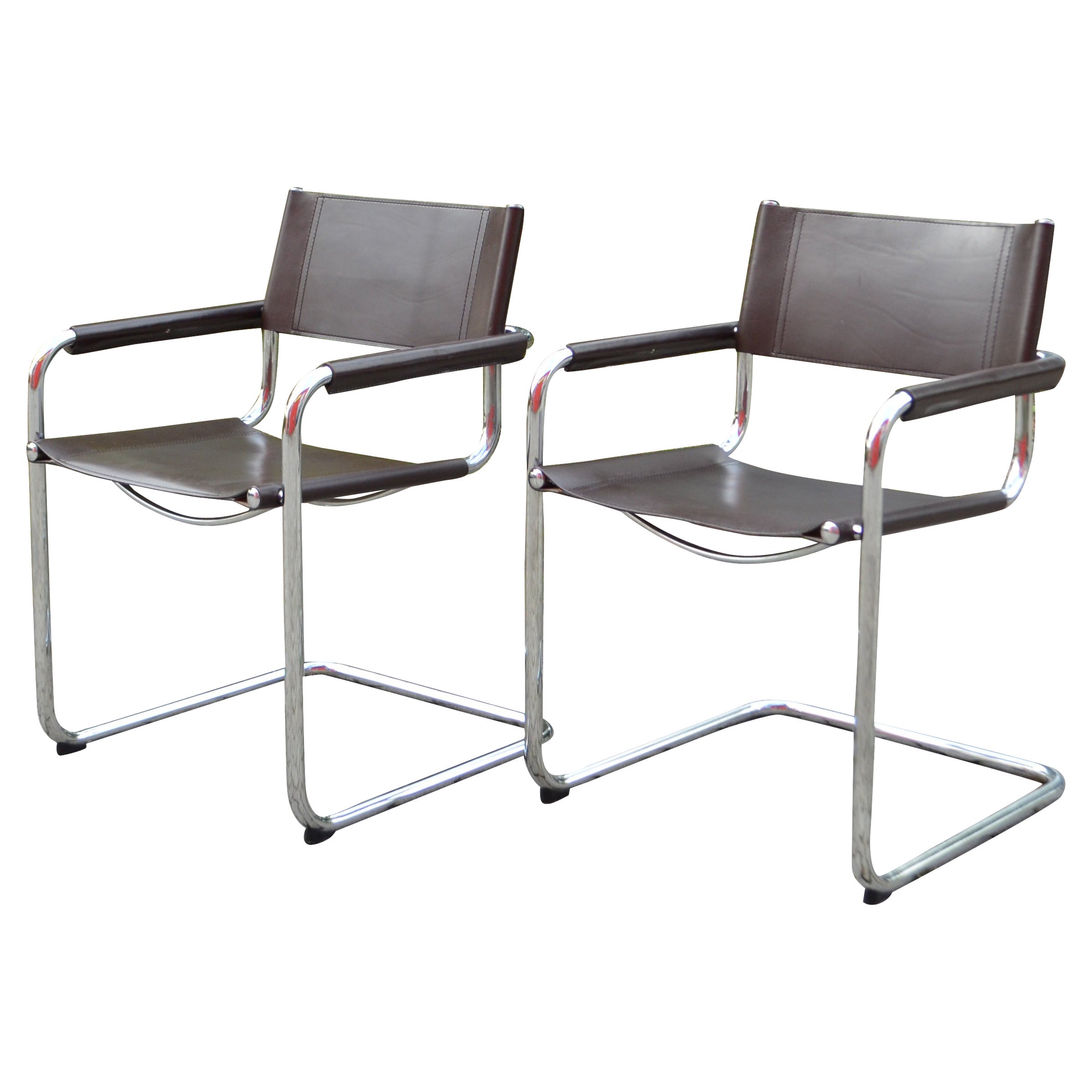 Fasem Vintage Italy brown Leather Dining Chairs Armchairs Cantilever Set of 2