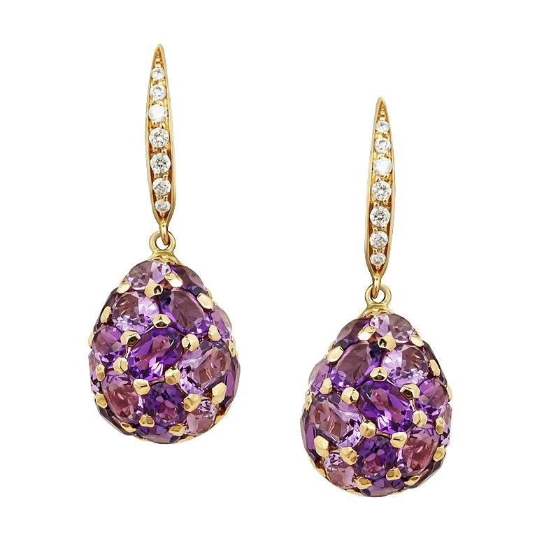 Fashion Amethyst Diamond Yellow Gold 18 Karat Drop Earrings