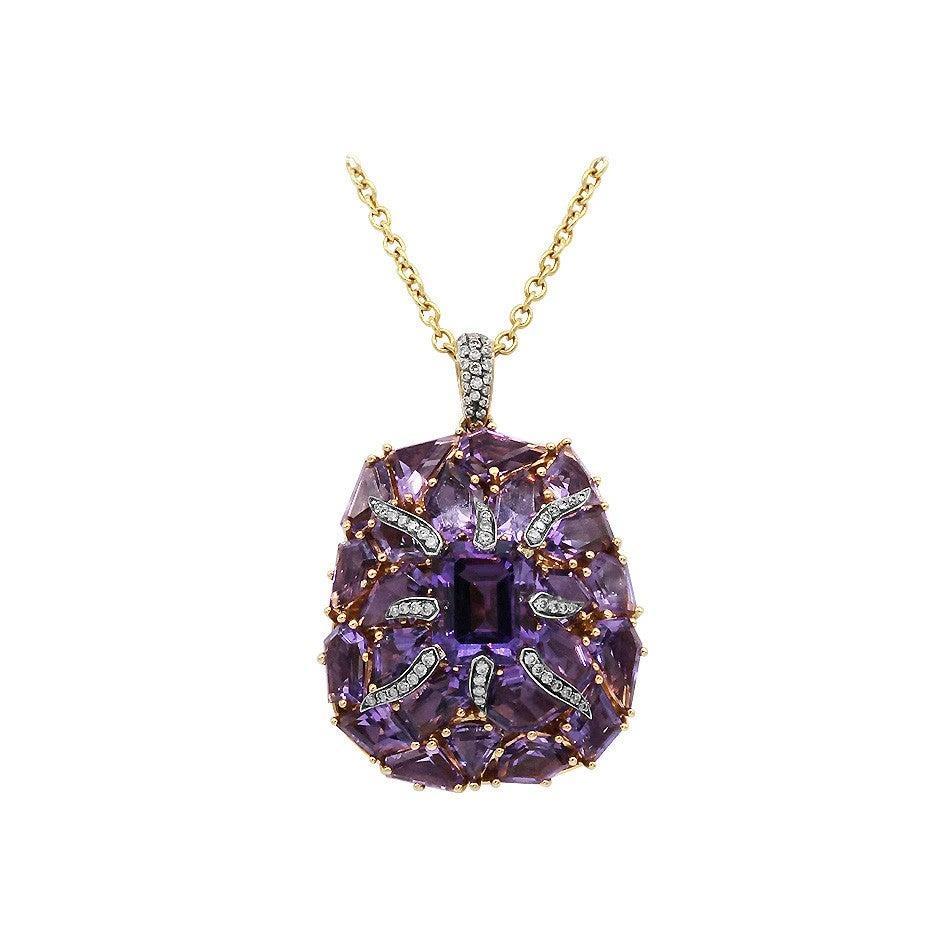 Fashion Amethyst Diamond Yellow Gold 18 Karat Necklace In New Condition For Sale In Montreux, CH
