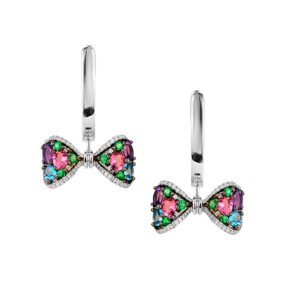 Fashion Amethyst Tsavorite Tourmaline Topaz White Diamond White Gold Earrings In New Condition For Sale In Montreux, CH