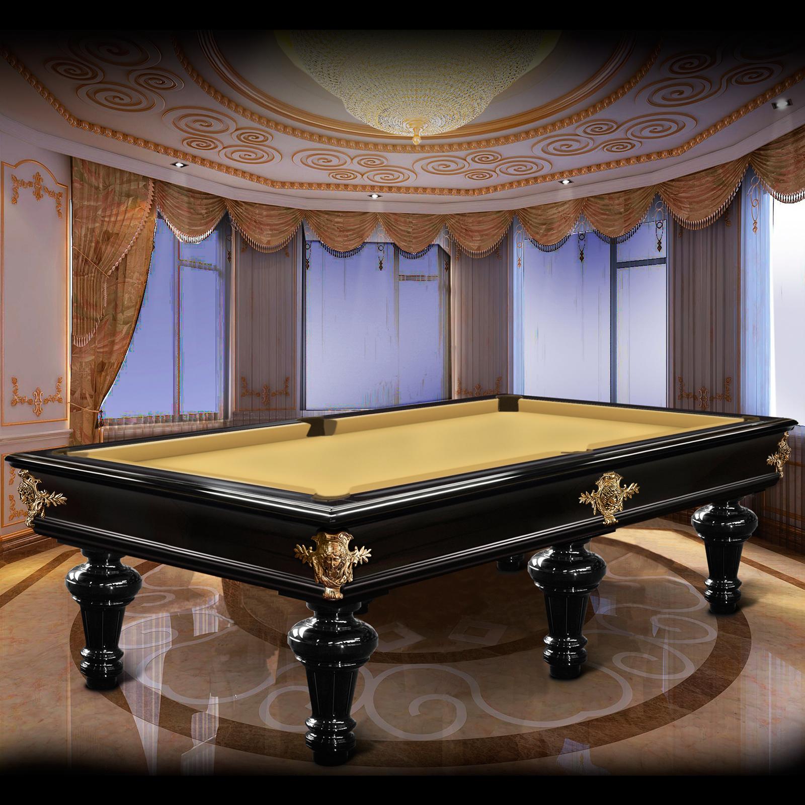 This special 9ft black lacquered billiard table is finished with 6 splendid Louis XVI style bases and embellished with golden details. This piece revisits tradition in a more contemporary guise and is perfect for the most refined and prestigious
