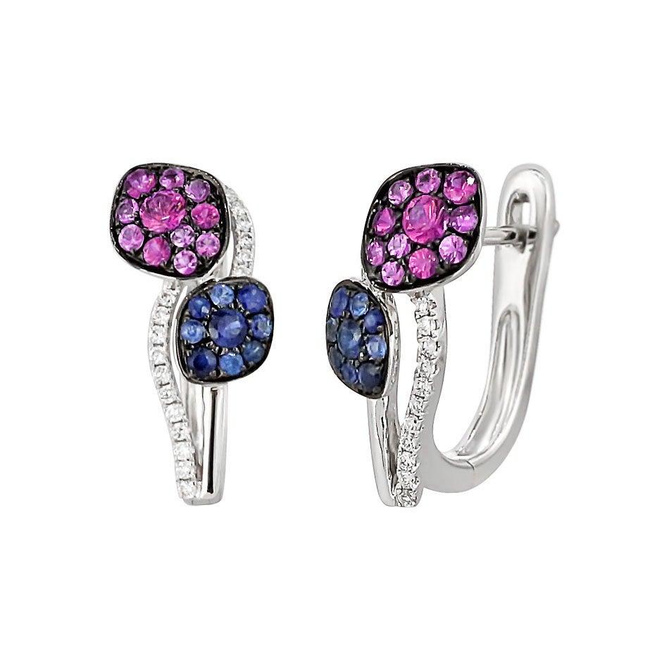 Mode Ohrringe mit blauen, rosa Saphiren und Diamanten aus Weißgold (Antiker Kissenschliff) im Angebot