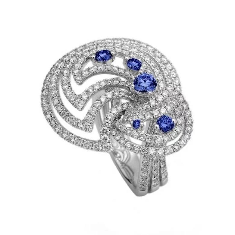 Fashion Blue Sapphire Diamonds White Gold 18K Cocktail Ring for Her For Sale