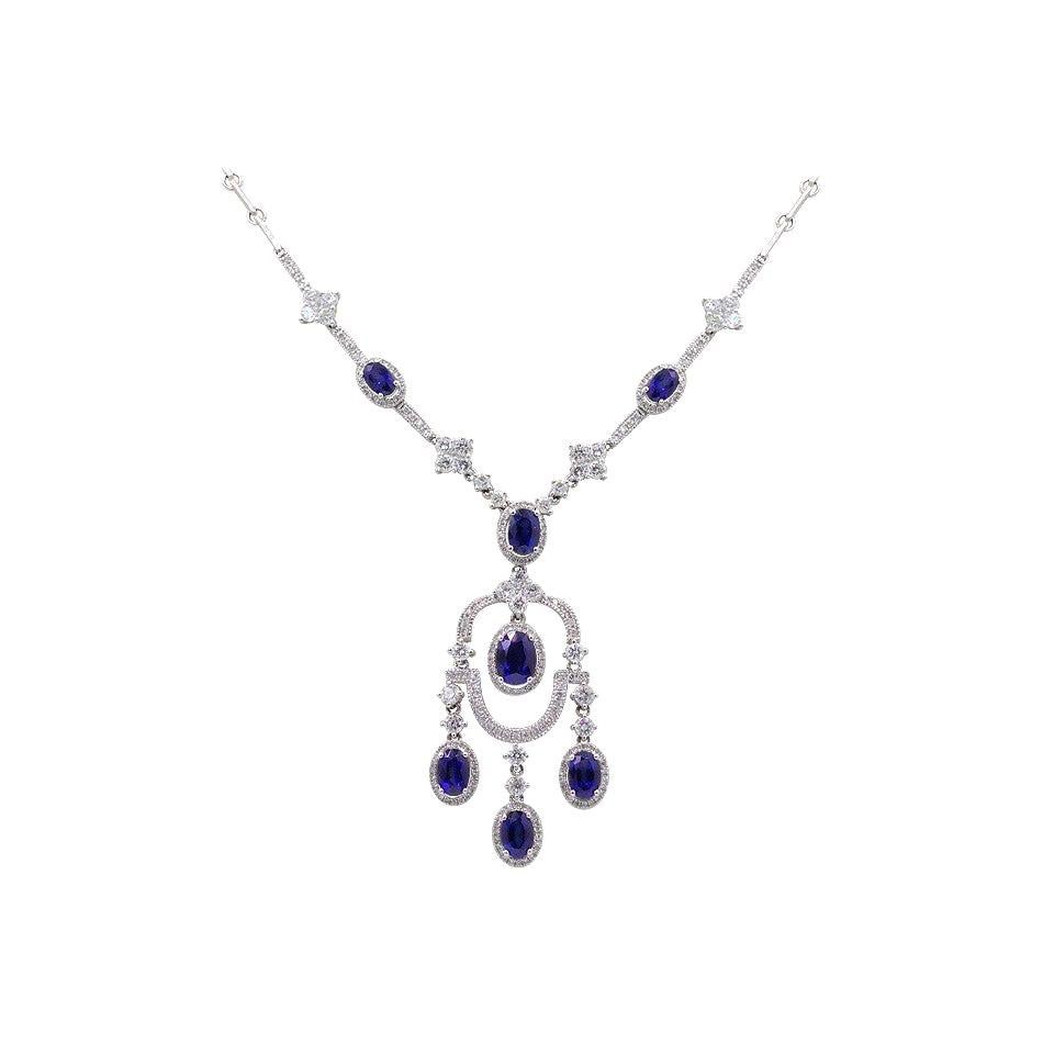 Fashion Blue Sapphire White Diamond White Gold 18 Karat Dangle Necklace For Sale