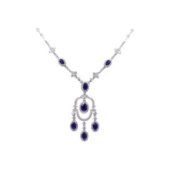 Fashion Blue Sapphire White Diamond White Gold 18 Karat Dangle Necklace