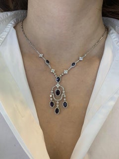 Fashion Blue Sapphire White Diamond White Gold 18 Karat Dangle Necklace