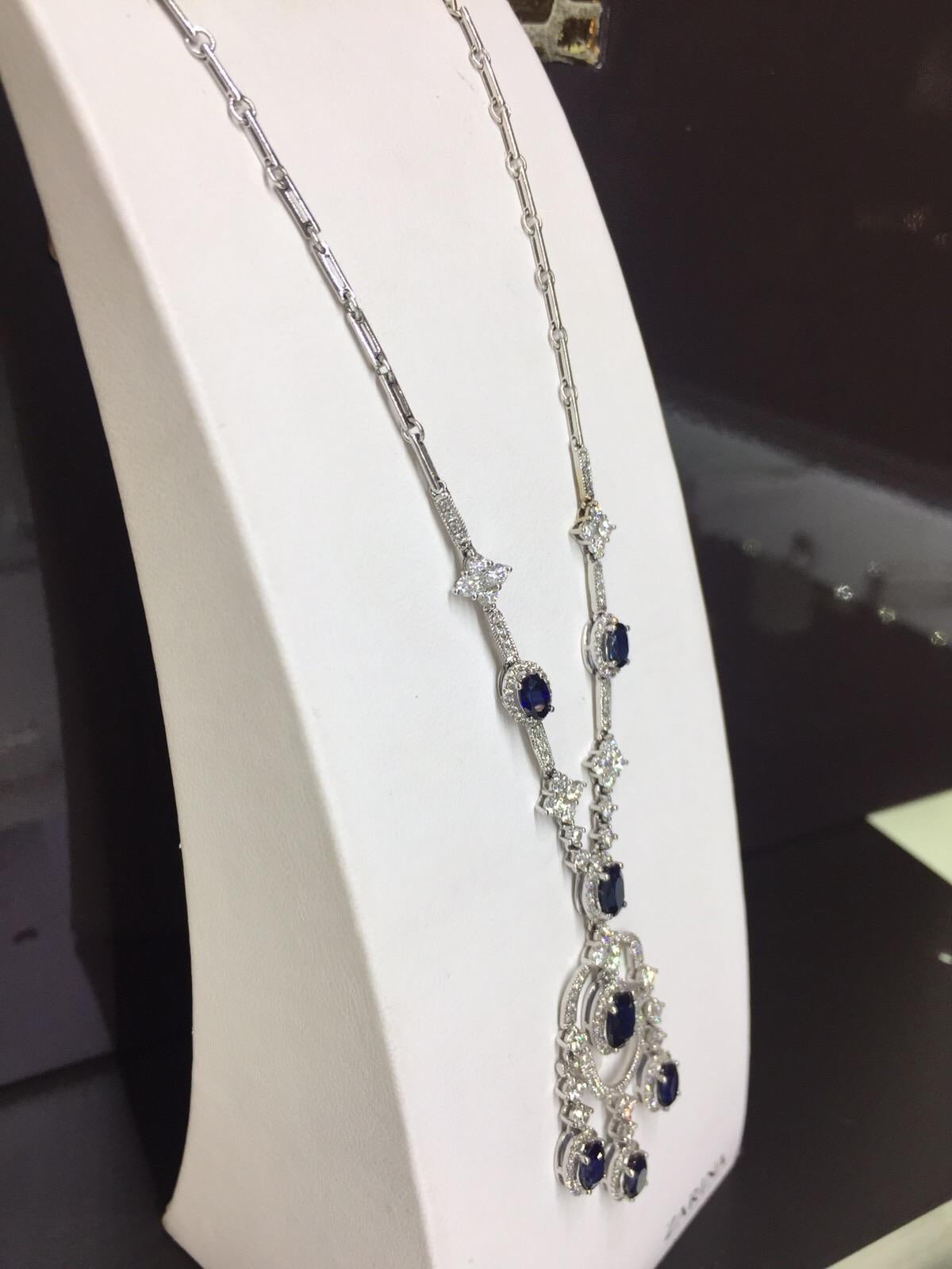Fashion Blue Sapphire White Diamond White Gold 18 Karat Dangle Necklace In New Condition For Sale In Montreux, CH