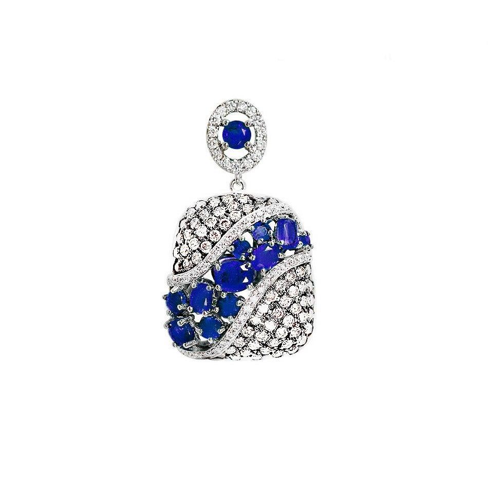 Round Cut Fashion Blue Sapphire White Diamond White Gold Pendant For Sale