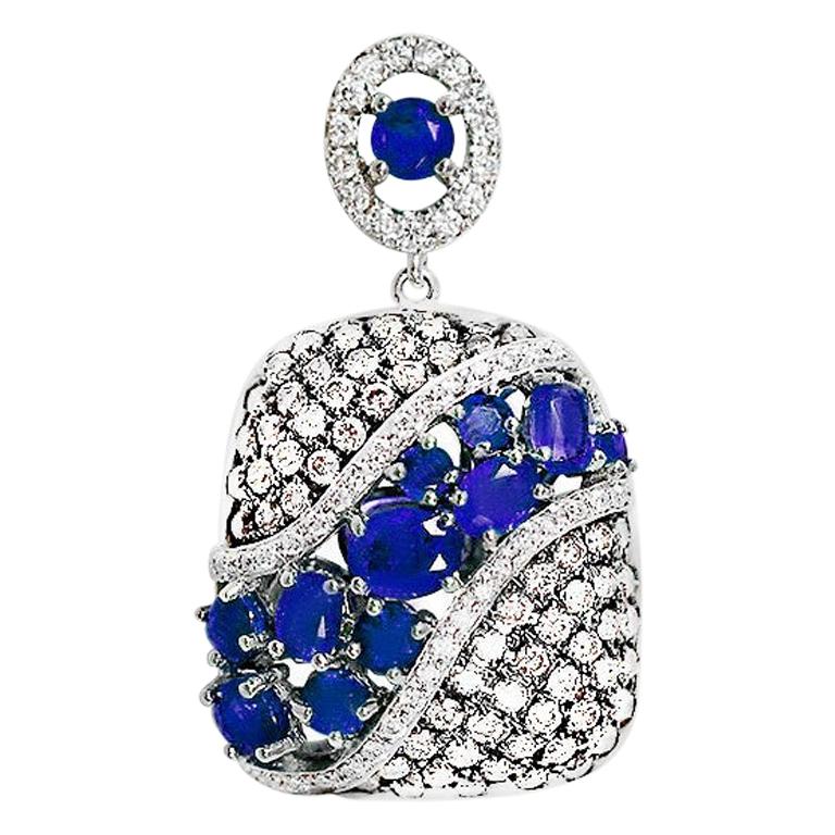 Fashion Blue Sapphire White Diamond White Gold Pendant For Sale