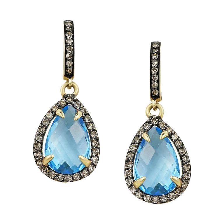 Fashion Blue Topaz Brown Diamond Yellow Gold Lever Back Dangle Earrings For Sale