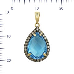 Fashion Blue Topaz Brown Diamond Yellow Gold Oval Pendant