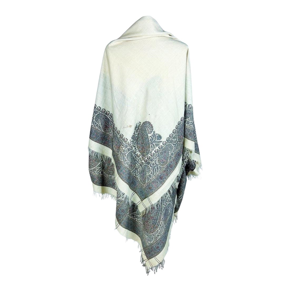 Scialle in cashmere Paisley con centro in pashmina color crema - Francia Circa 1830