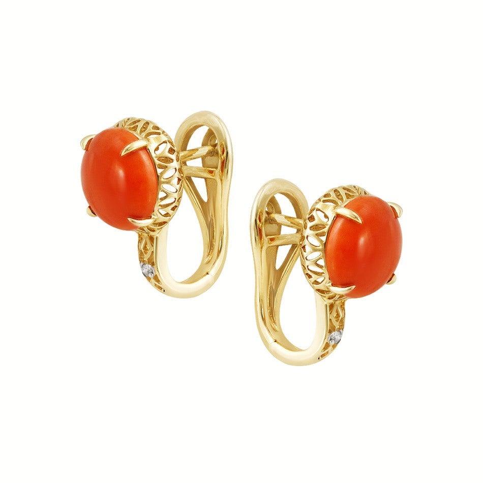 Gelbe Ohrringe aus Koralle und Diamanten der Mode (Antiker Kissenschliff) im Angebot