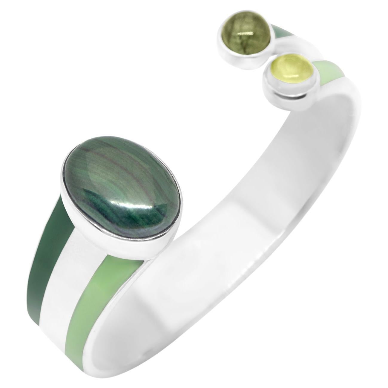 Cuff Bracelet In Silver and Green Enamel with  Malachite and Tourmalines For Sale