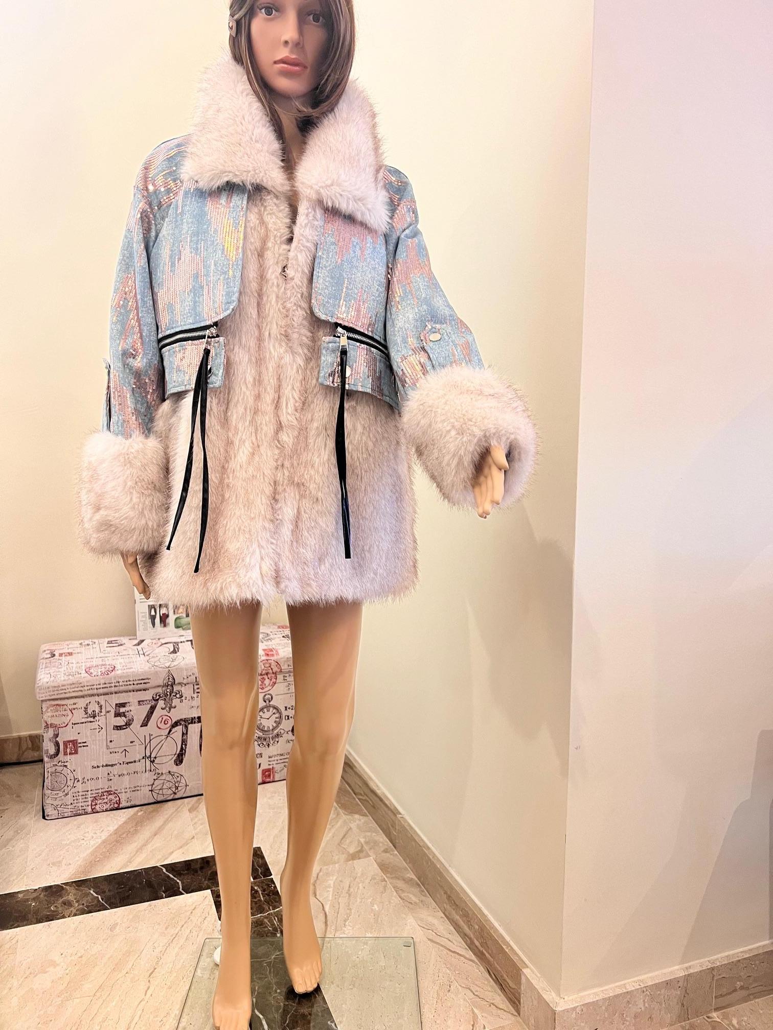 Embellished   Diamond Lamb Wool Coat adorned with  sequin Glitter Embroidered over jeans
Moderate lapel collar and V-neck; Zipper closures at the front. 
Azaka Paris Brand
External pockets on both sides,
COAT MEASURES:
LENGTH 75cm 29,52