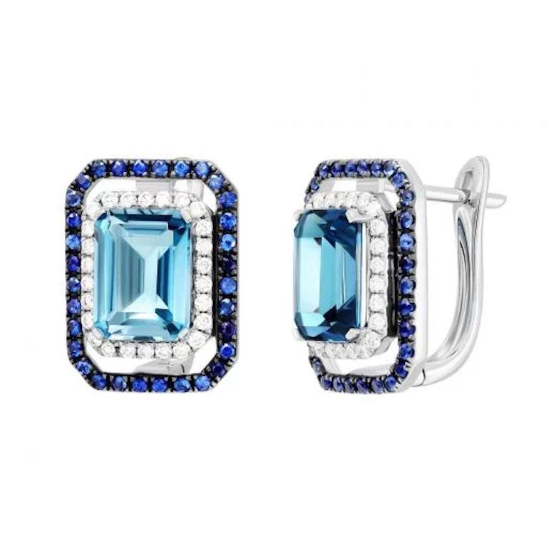 Taglio baguette Orecchini con diamante a leva Topazio Blu Zaffiro Bianco in oro 14k per lei in vendita