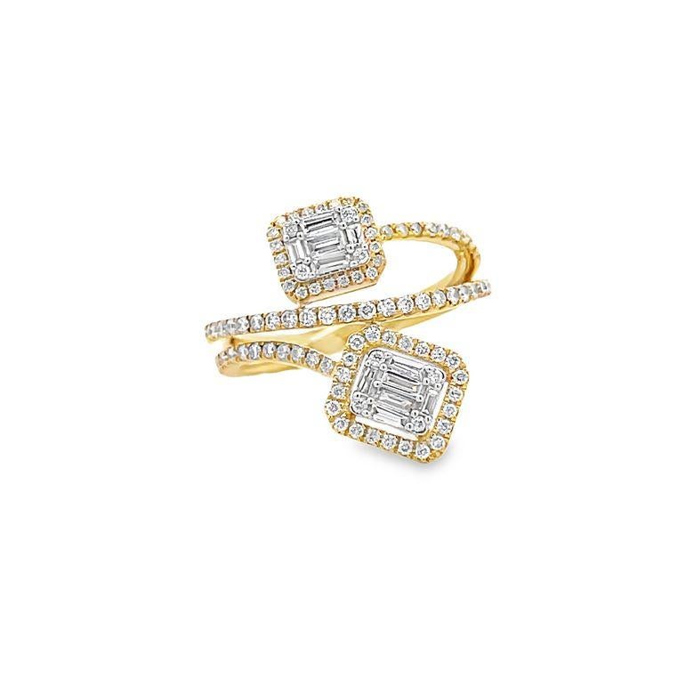 Wir stellen Ihnen unseren neuesten Modering vor, der mit einer einzigartigen Mischung von Diamantformen geschmückt ist. Das Design besteht aus einem zweireihigen Band, wobei jede Reihe runde und Baguette-Diamanten enthält. Die Diamantformen sind ein