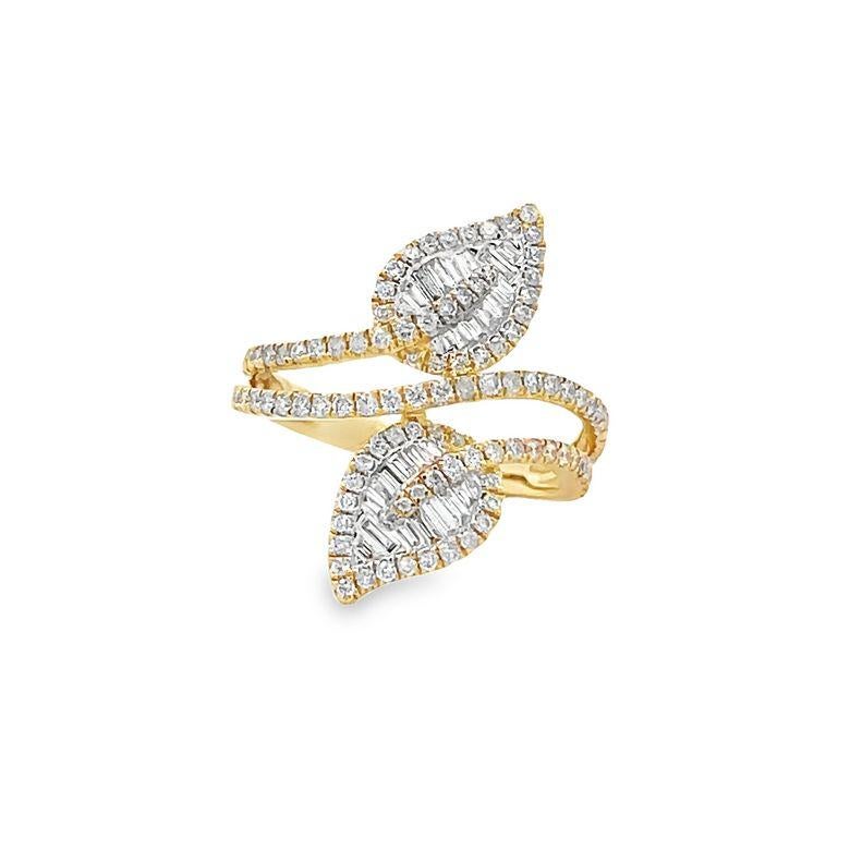 This exquisite fashion ring is a stunning example of masterful artistry and high-quality materials. The ring features a 14K yellow gold band with a beautiful leaf motif that adds a unique and eye-catching element to the design. The band is set with