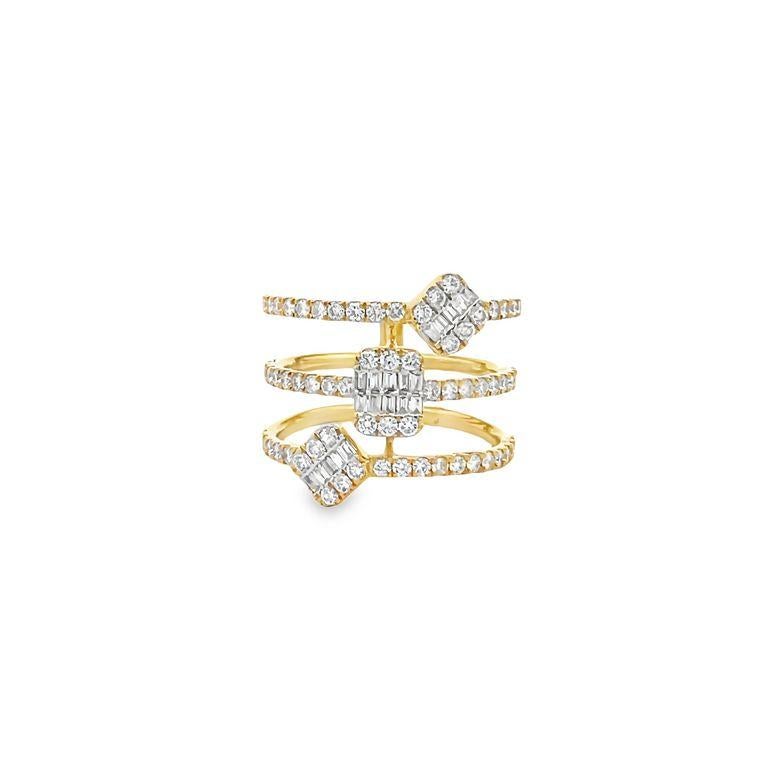 Introducing our latest fashion ring, which is adorned with a unique mix of diamond shapes. The design consists of a triple-row band, with each row containing round & baguette diamonds with a total carat of 1.16. These diamonds are color G and