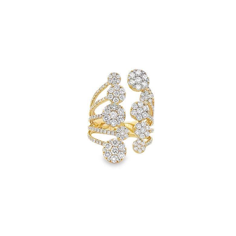 This exquisite fashion ring is a stunning example of masterful artistry and high-quality materials. The ring features a 14K yellow gold band with beautiful five rows of diamonds that add a unique and eye-catching element to the design. The band is