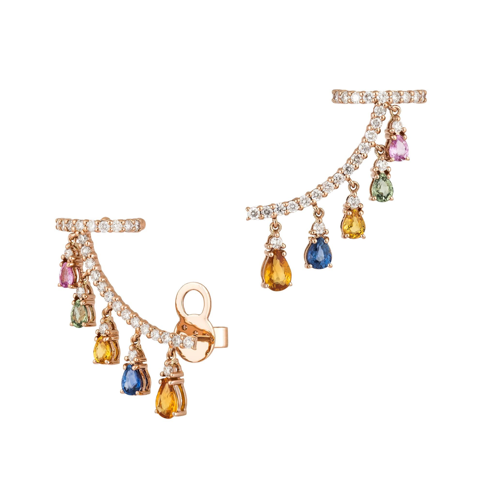 EARRING 18K Rose Gold Diamond 1.19 Cts/60 Pieces, Multi Sapphire 2.54 Cts/10 Pieces
