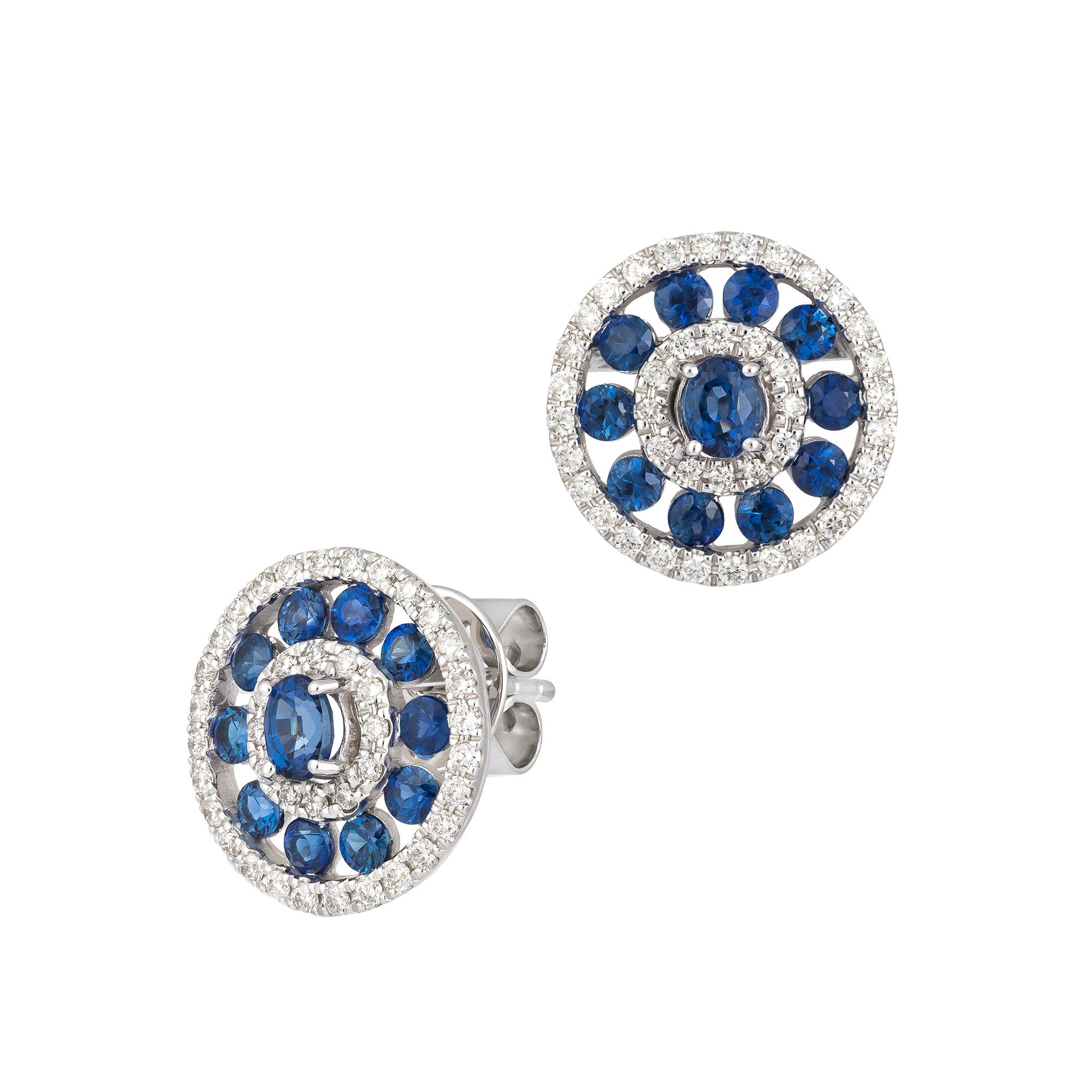 EARRING 18K White Gold Blue Sapphire 1.39 Cts/22 Pieces, D 0.40 Cts/80 Pieces
